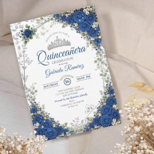 Invitation Bleu Royal et Argent Quinceañera Roses Bleues
