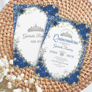 Invitation Bleu Royal et Argent Quinceañera Roses Bleues