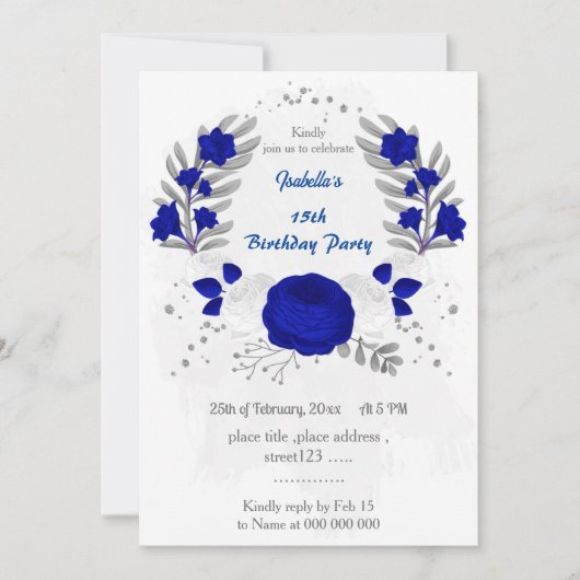 Invitation bleu royal et fleurs blanches argent (Devant)