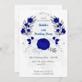 Invitation bleu royal et fleurs blanches argent (Devant / Derrière)