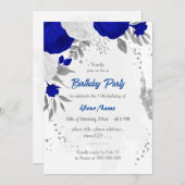 Invitation bleu royal et fleurs blanches argent (Devant / Derrière)