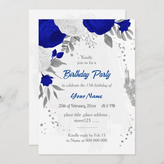 Invitation bleu royal et fleurs blanches argent (Devant / Derrière)