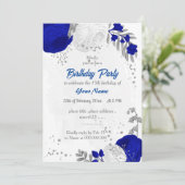 Invitation bleu royal et fleurs blanches argent (Debout devant)