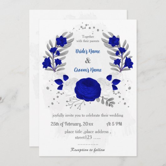 Invitation bleu royal et fleurs blanches argent mariage botan (Devant / Derrière)