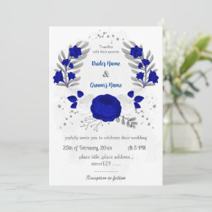 Invitation bleu royal et fleurs blanches argent mariage botan