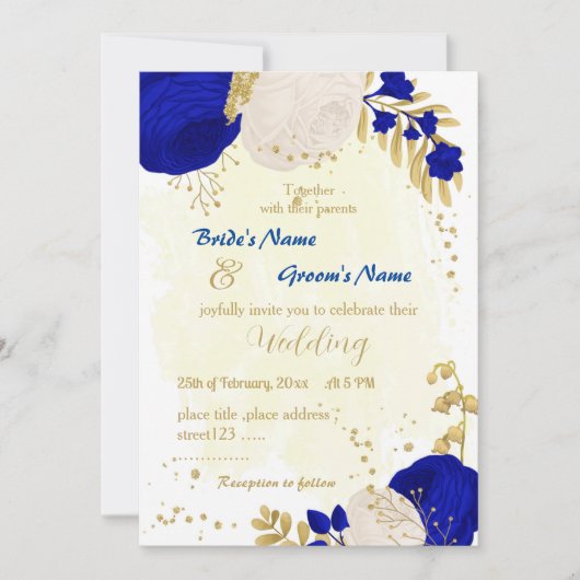 Invitation bleu royal et fleurs blanches or mariage botanique (Devant)