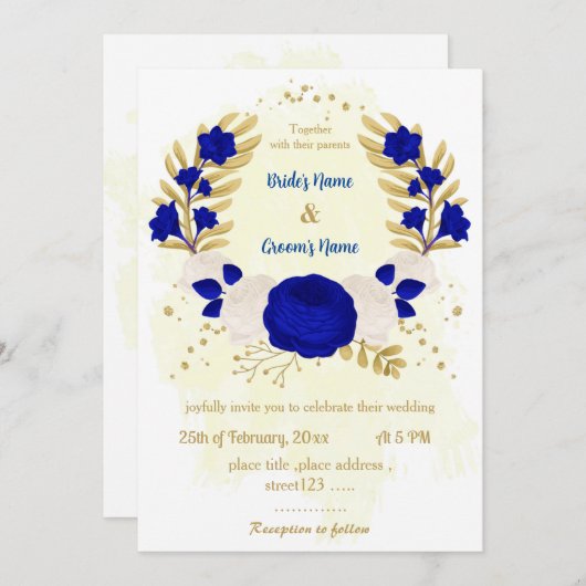 Invitation bleu royal et fleurs blanches or mariage botanique (Devant / Derrière)