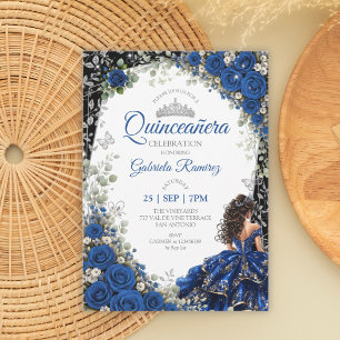 Invitation Bleu Royal et Noir Quinceañera Papillon Argenté