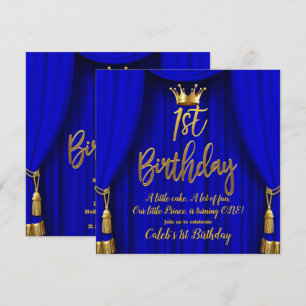 Invitation Bleu Royal et Or Couronne Royale Prince 1er Annive