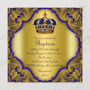 Invitation Bleu royal et or de baptême de Prince héritier de