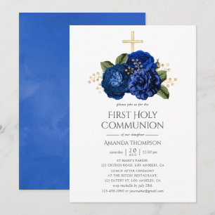 Invitation Bleu Royal et Or Floral Première Sainte Communion