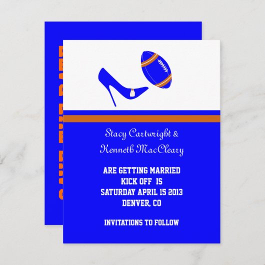 Invitation Bleu Royal et Orange Football Enregistrer la Date (Devant / Derrière)