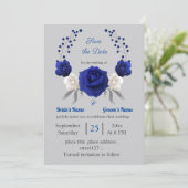 Invitation bleu royal fleurs blanches argent enregistrer la d (Debout devant)