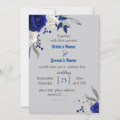 Invitation bleu royal fleurs blanches feuille gris mariage (Devant)