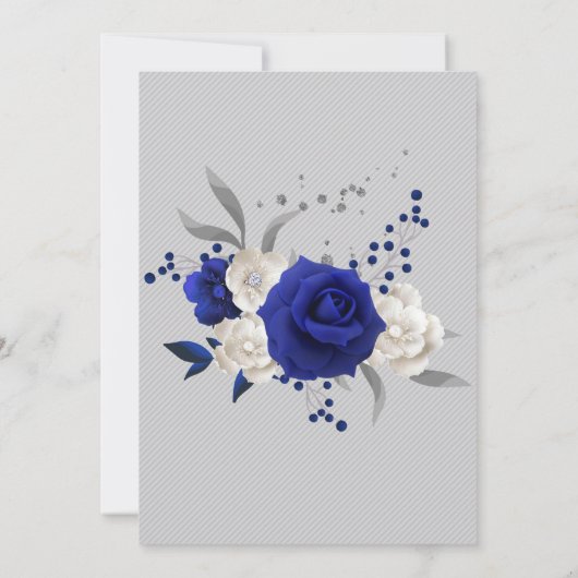 Invitation bleu royal fleurs blanches feuille gris mariage (Dos)