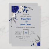 Invitation bleu royal fleurs blanches feuille gris mariage (Devant / Derrière)
