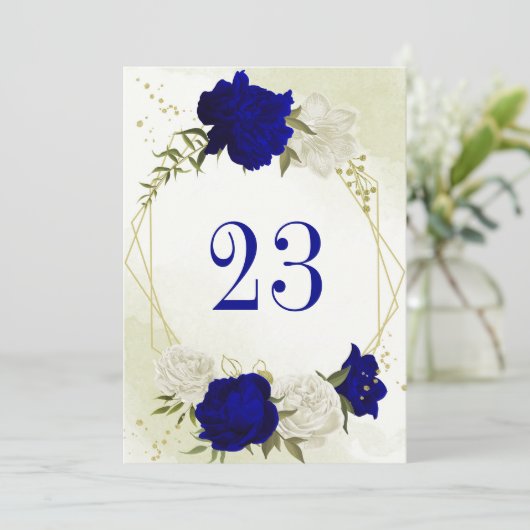 Invitation bleu royal fleurs blanches feuilles vertes numéro (Debout devant)
