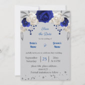 Invitation bleu royal fleurs blanches gris feuilles enregistr (Devant)