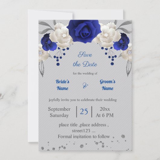 Invitation bleu royal fleurs blanches gris feuilles enregistr (Devant)