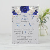 Invitation bleu royal fleurs blanches gris feuilles enregistr (Debout devant)