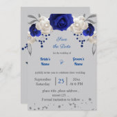 Invitation bleu royal fleurs blanches gris feuilles enregistr (Devant / Derrière)