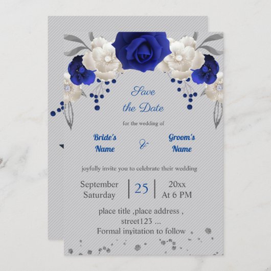Invitation bleu royal fleurs blanches gris feuilles enregistr (Devant / Derrière)