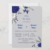 Invitation bleu royal fleurs blanches gris feuilles enregistr (Devant)