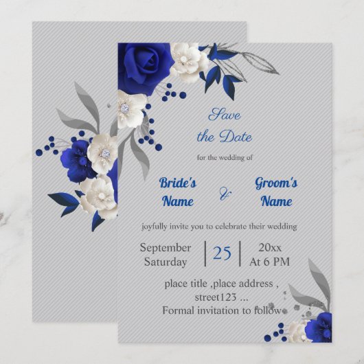 Invitation bleu royal fleurs blanches gris feuilles enregistr (Devant / Derrière)