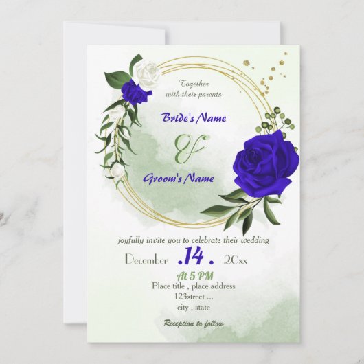 Invitation bleu royal fleurs blanches or mariage (Devant)