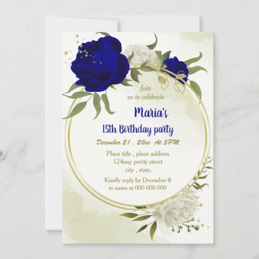 Invitation bleu royal fleurs blanches verdure anniversaire (Devant)