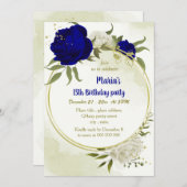 Invitation bleu royal fleurs blanches verdure anniversaire (Devant / Derrière)
