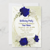 Invitation bleu royal fleurs blanches verdure anniversaire (Devant)