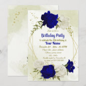 Invitation bleu royal fleurs blanches verdure anniversaire (Devant / Derrière)