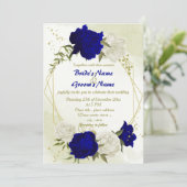 Invitation bleu royal fleurs blanches vert feuille mariage (Debout devant)