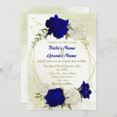 Invitation bleu royal fleurs blanches vert feuille mariage (Devant / Derrière)