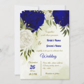 Invitation bleu royal fleurs blanches vert feuille mariage (Devant)