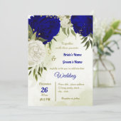 Invitation bleu royal fleurs blanches vert feuille mariage (Debout devant)