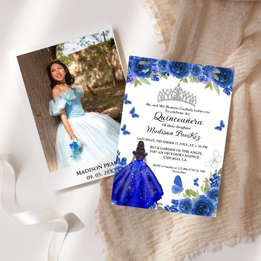 Invitation Bleu Royal Floral Butterfly Quinceanera