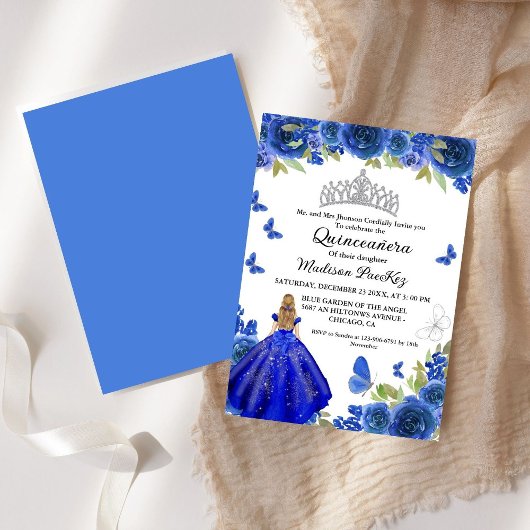 Invitation Bleu Royal Floral Butterfly Quinceanera