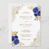 Invitation Bleu Royal Floral Doré Dentelle Blanche Code QR Ma (Devant)