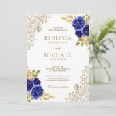 Invitation Bleu Royal Floral Doré Dentelle Blanche Code QR Ma (Debout devant)