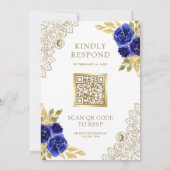 Invitation Bleu Royal Floral Doré Dentelle Blanche Code QR Ma (Dos)