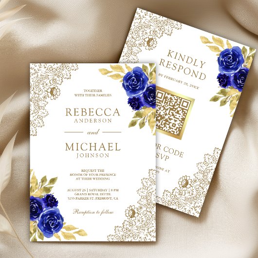 Invitation Bleu Royal Floral Doré Dentelle Blanche Code QR Ma