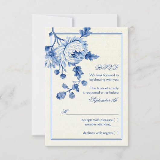 Invitation Bleu Royal Ivoire Toile Florale Mariage Réponse RS (Devant)