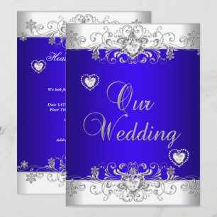 Invitation Bleu royal Mariage Diamant Cœurs Argent