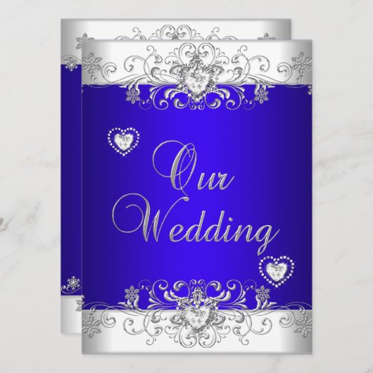 Invitation Bleu royal Mariage Diamant Cœurs Argent (Devant / Derrière)
