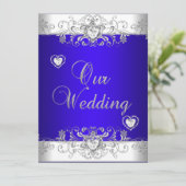 Invitation Bleu royal Mariage Diamant Cœurs Argent (Debout devant)
