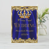 Invitation Bleu Royal Marine Couronne de Mariage Or 3 (Debout devant)