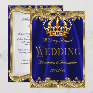 Invitation Bleu Royal Marine Couronne de Mariage Or 3