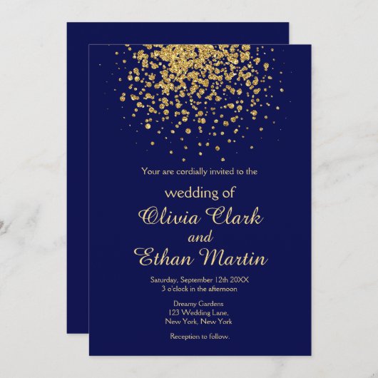 Invitation Bleu royal moderne avec une pointe d'or (Devant / Derrière)